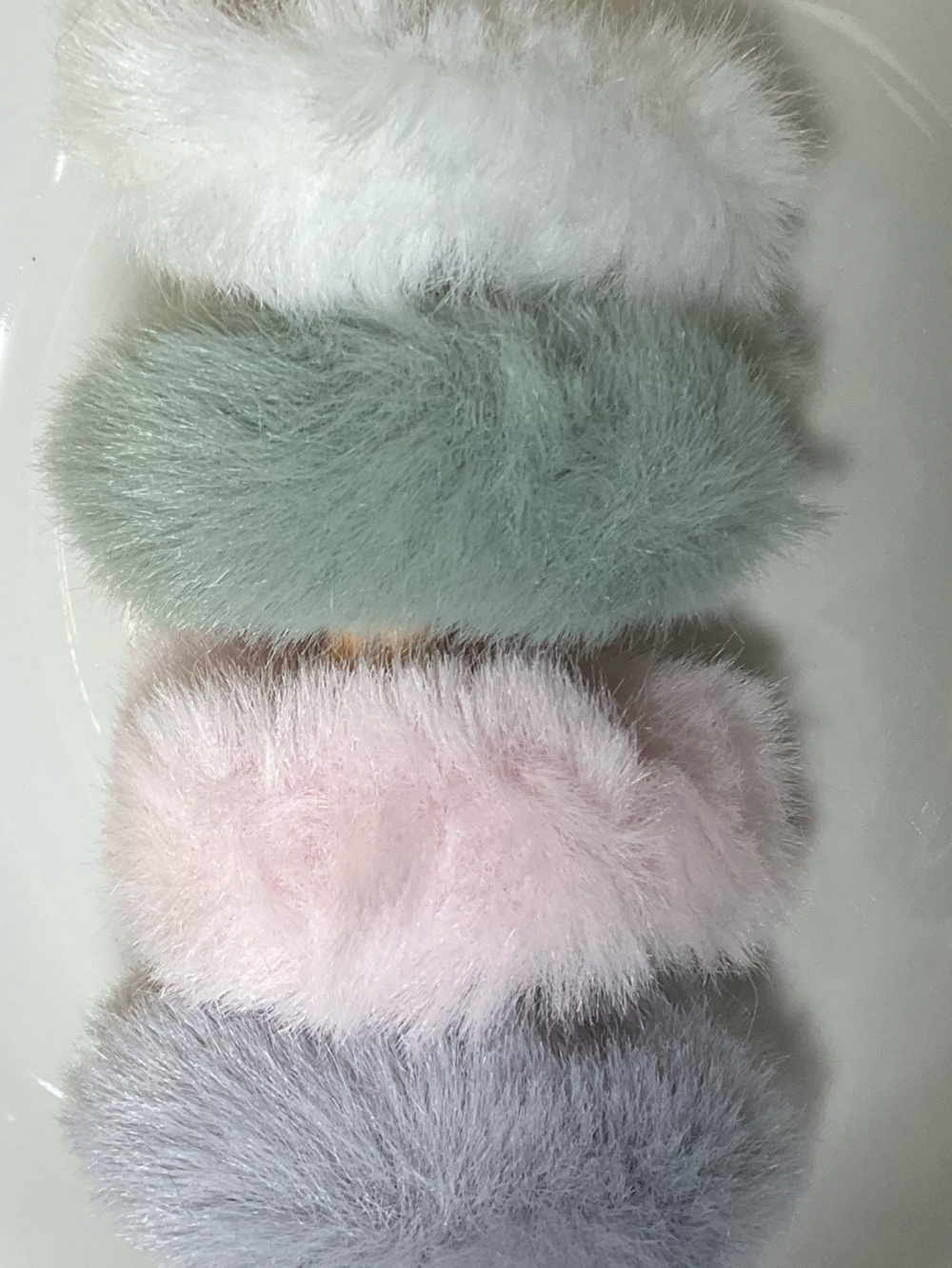 Set of Four Fuzzy Hair Scrunchie Pom Hair Ties - Gray, Pink, Sage, White - Picture 2 of 4